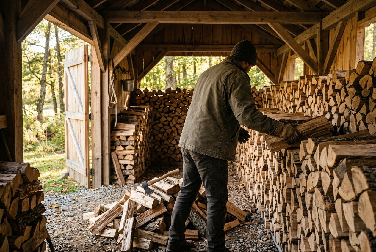 Укладка запаса в дровник в Челябинске, кленовые дрова
